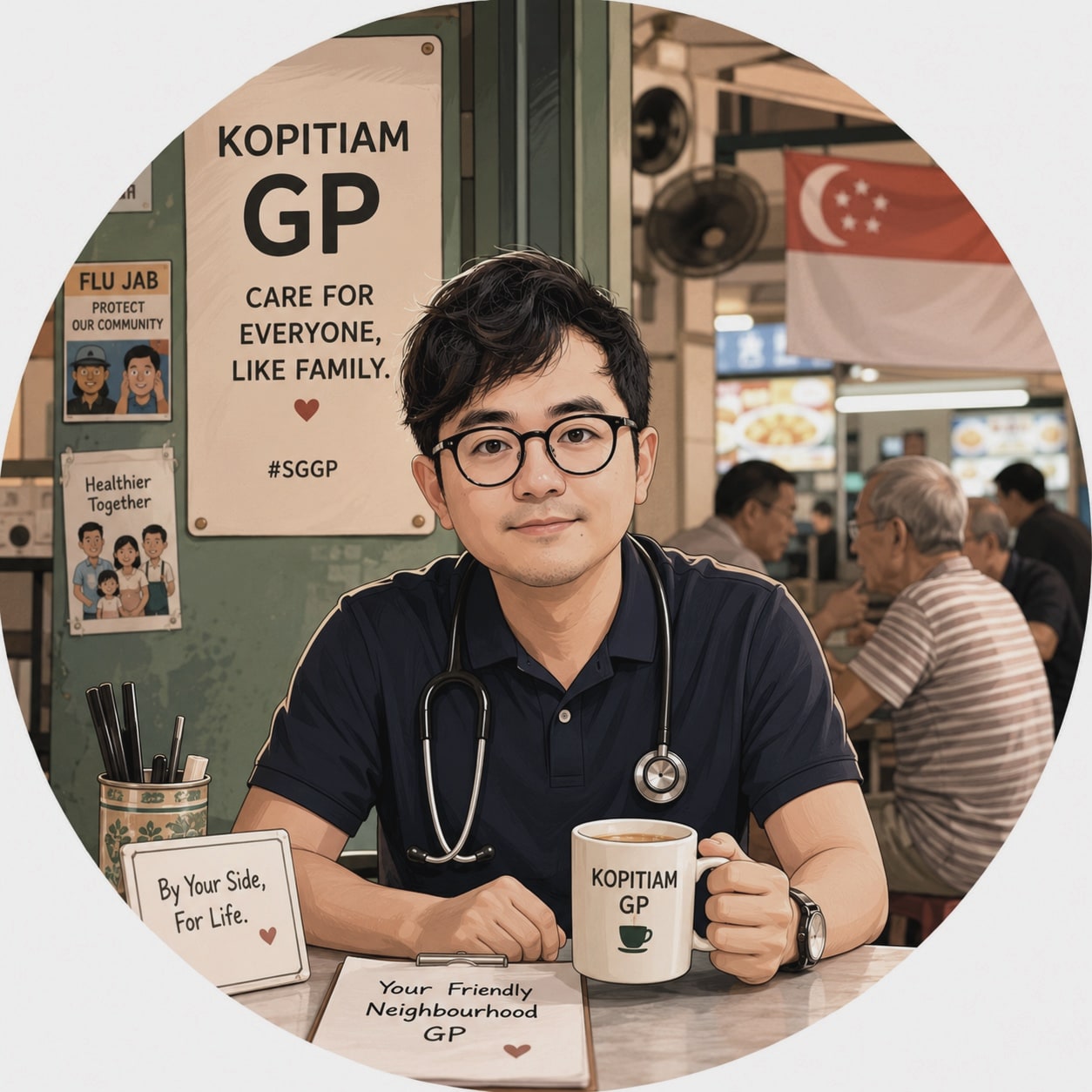 Illustration of Dr X, the Kopitiam GP, seated in a Singapore kopitiam.