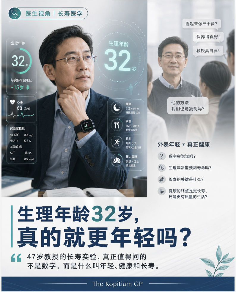 A middle-aged man wearing glasses sits at a desk, alongside graphics about health indicators and biological age.