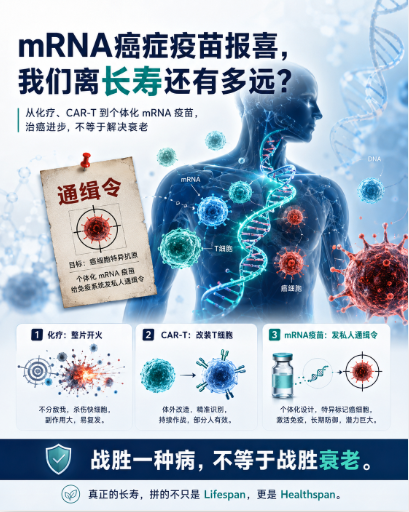 Chinese medical explainer poster comparing individualised mRNA cancer vaccines, CAR-T and chemotherapy