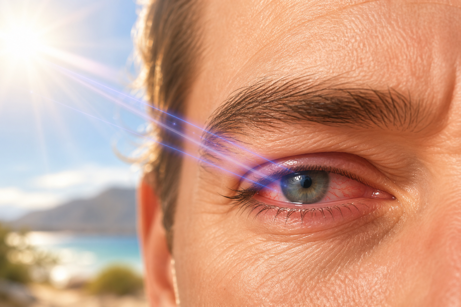 Close-up of a person squinting in strong sunlight