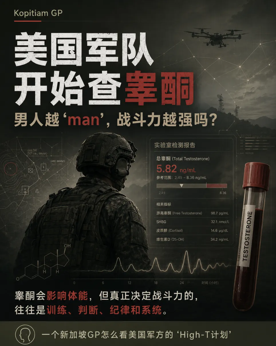 关于美国军方睾酮筛查主题的中文插图，画面有军人、检测报告和睾酮试管